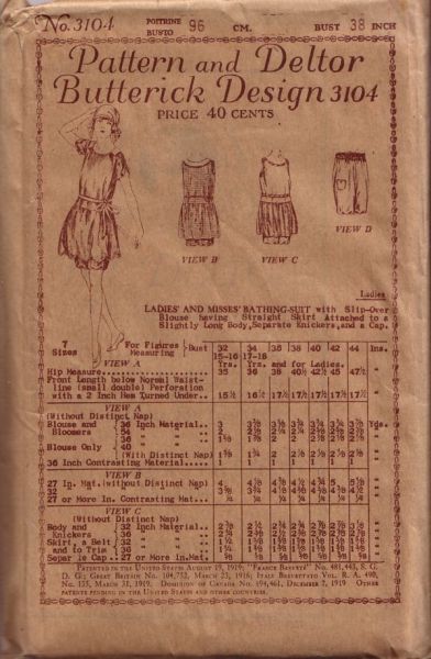Vintage 1900s Butterick & Deltor Bathing Suit Knickers and Cap Pattern sz 38 UNCUT