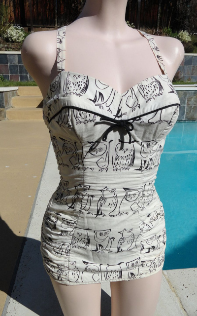 SOLD - Vintage 50s Catalina Owl Novelty Print Cotton Ruched Swimsuit size 11Jrs