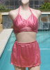 Vintage 40s Pink Satin High Waist Two Piece Swimsuit Bathing Suit S/M
