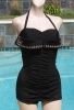 Vintage 50s Bombshell Black Bengaline Wing Bust Swimsuit with Rhinestones & Embroidered Trim size Sm