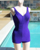 Vintage late 1960s Jantzen Purple Textured Crepe One Piece Long Line Swimsuit Bathing Suit size 14