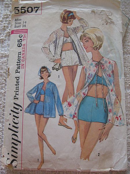 Vintage 60s Simplicity 5507 Junior and Misses Bathing Suit and Beach Jacket Pattern sz 14 B34