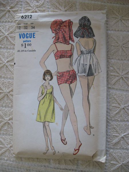 Vintage 60's Vogue 6212 Two Piece Bathing Suit, Hat and Beachdress Pattern sz 12 B 32 UNCUT