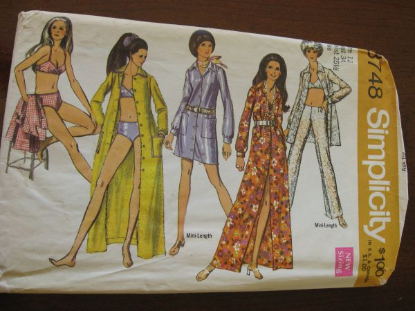 Vintage 70s Misses Maxi or Mini Shirt Shift & Bathing suit & Hip Hugger Pants sz 12 B34 UNCUT