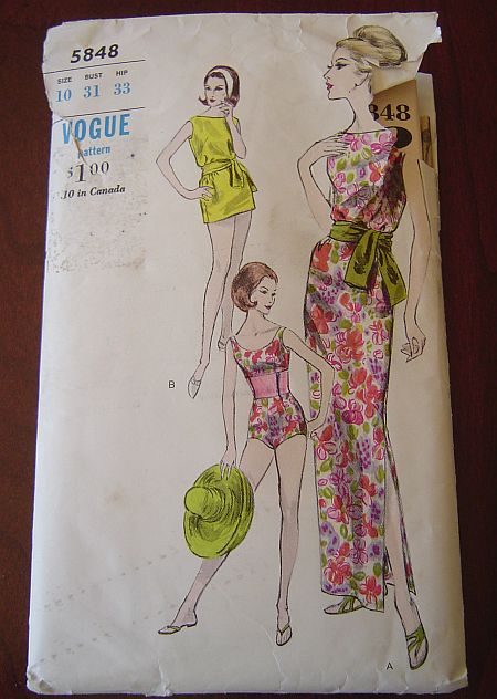 Vintage 50's Vogue 5848 One Piece dress, two piece Bathing Suit and Tunic pattern sz 10 B31