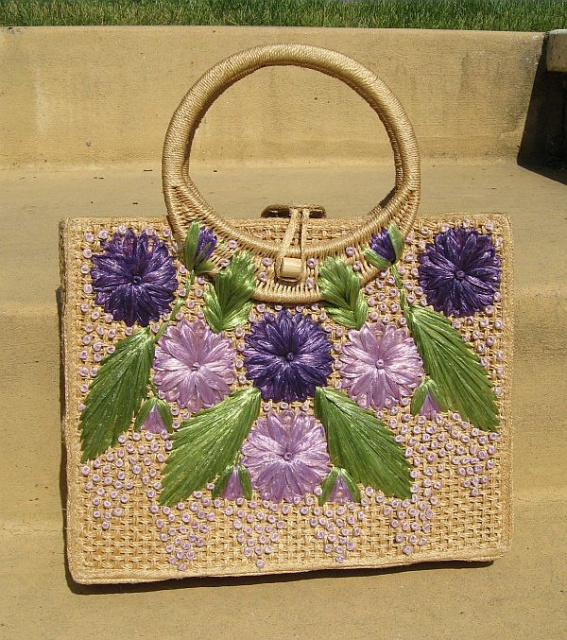 SOLD - Vintage Woven Raffia Straw Floral Purse Beach Bag Tote