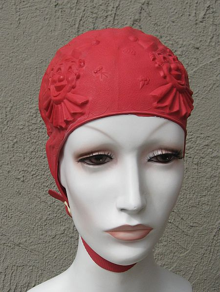 NEW with package US HOWLAND Circus Themed Red Rubber Swim Cap with Strap Childs 20"