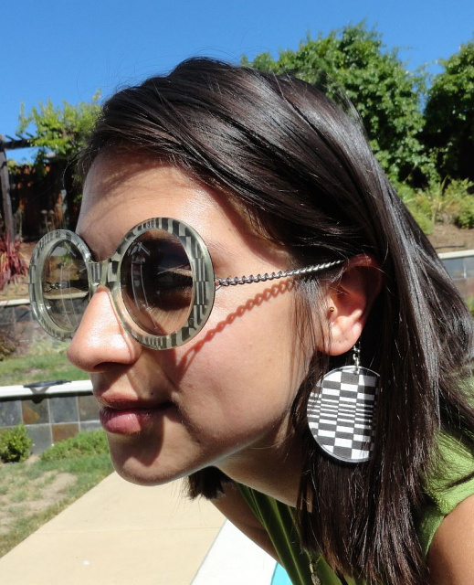 Vintage 60s Op Art Sunglasses with Chain Arm and Earring Drops