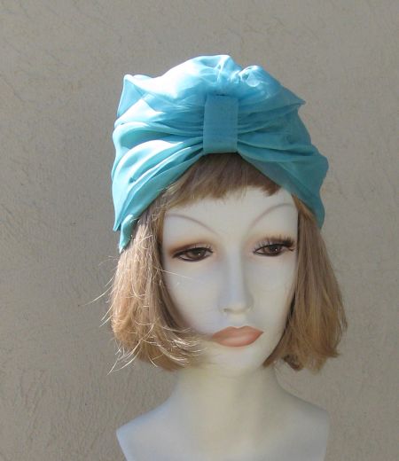SOLD - Vintage Silk Chiffon Turquoise Turban Hat Cap NWT