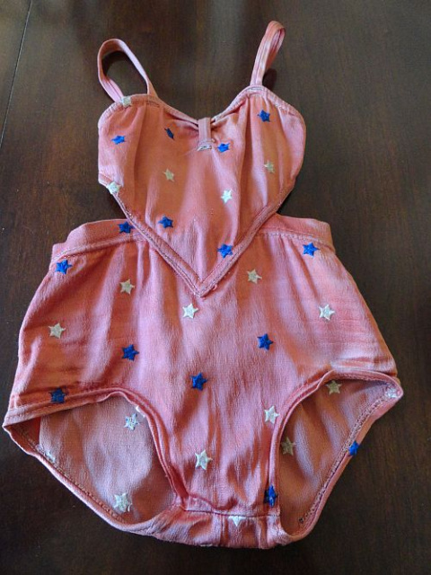SOLD - Late 40s Early 50s Childs Catalina Embroidered Stars Patriotic Swimsuit with Cut Outs size 4