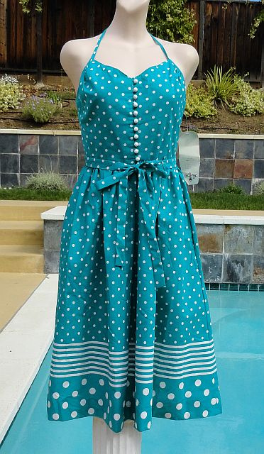 NOS NEW Vintage 70s Lanz Originals Teal Polka Dot Halter Sun Dress sz 7/8 B34