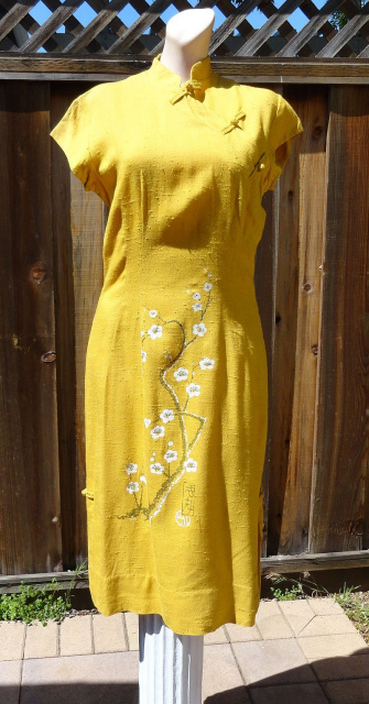 SOLD - Vintage 60s Mustard Silk Linen Handpainted Cherry Blossom Dress B38