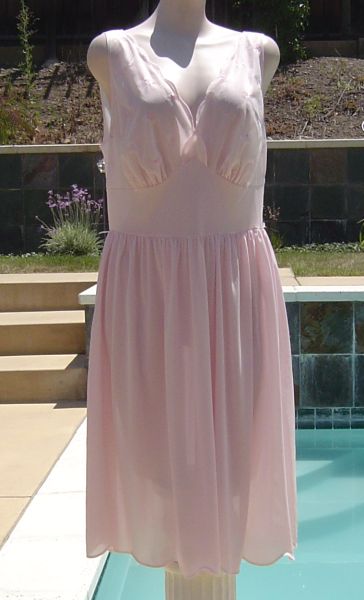 SOLD - Vintage 50s Vanity Fair Petal Pink Embroidered bodice Chiffon Nightgown 38