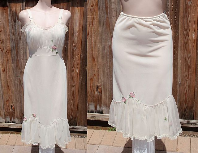 Vintage 50s LAROS Candlelight Ivory Rose Applique Full Slip 34R & Half Slip S Matching Boudior Set 