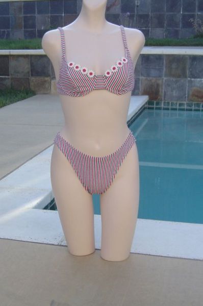 SOLD - Vintage 80's Daisy Applique Stripe Bikini Swimsuit Bathing Suit 5/6