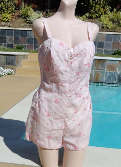 SOLD - Vintage 50s Pink & White Stripe with Floral Embroidered Swimsuit Playsuit size 16 B36