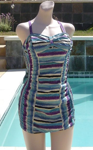Vintage 50's Catalina Wave stripe Cotton Ruched Swimsuit Bathing Suit 16/38