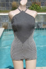 SOLD - Vintage 50s Jantzen Gray and White Stripe Swimsuit Bathing Suit sz 14 B36