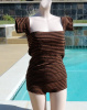 Vintage 50s 2 Piece Striped Mocha Swimsuit with Sleeves sz 10 B42-42 M